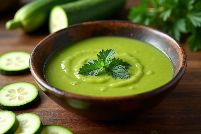gazpacho-courgette-verte Soupe de courgette verte dans un bol avec légumes frais