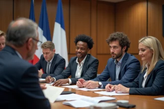 Groupe d'adultes en réunion dans un bureau officiel français