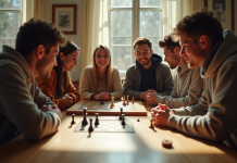 Groupe d'amis jouant à un jeu de société lumineux