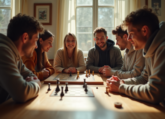 Groupe d'amis jouant à un jeu de société lumineux