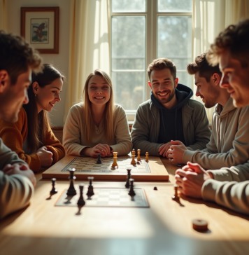 Groupe d'amis jouant à un jeu de société lumineux
