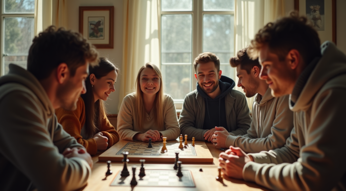 Groupe d'amis jouant à un jeu de société lumineux