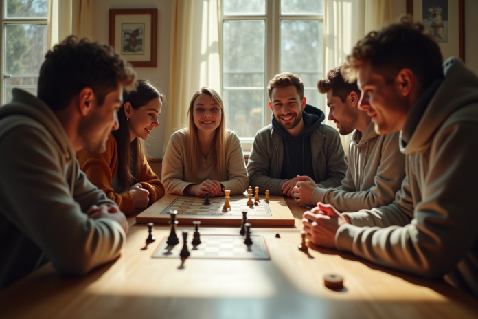 Groupe d'amis jouant à un jeu de société lumineux