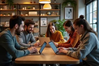 Groupe divers d'adultes discutant dans un café convivial