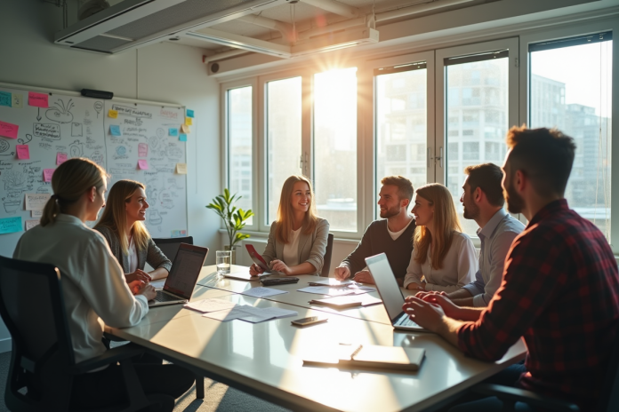 Groupe de professionnels brainstorming dans un bureau moderne