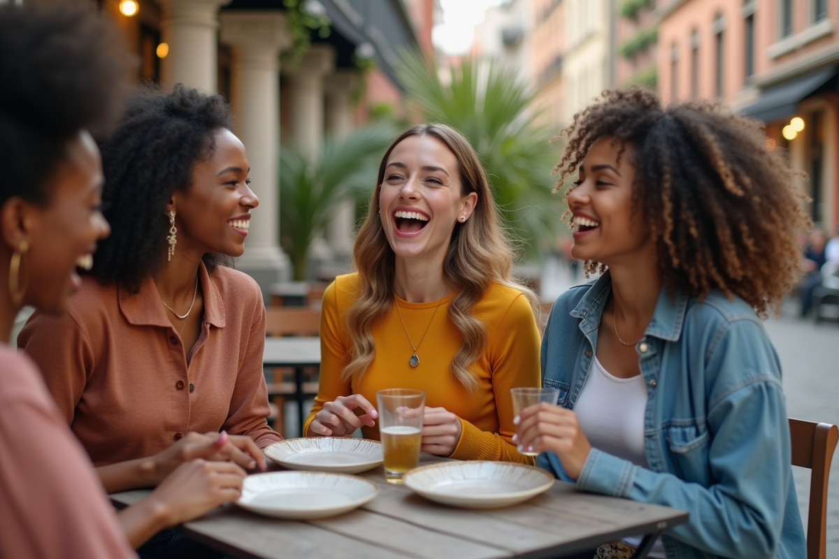 Groupe de femmes souriantes dans un café urbain en plein air