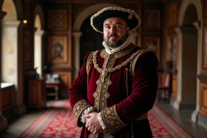 Reconstitution historique d'un portrait Tudor d'Henri VIII en costume royal d'époque dans un palais anglais