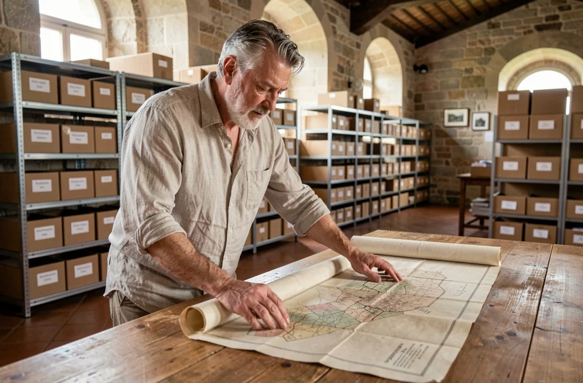 Historien consultant une ancienne carte cadastrale dans une salle d'archives régionale aux murs en pierre et étagères métalliques