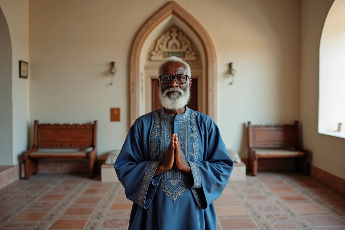 Homme âgé en posture de supplication dans une mosquée après la prière du witr, ambiance authentique et recueillie