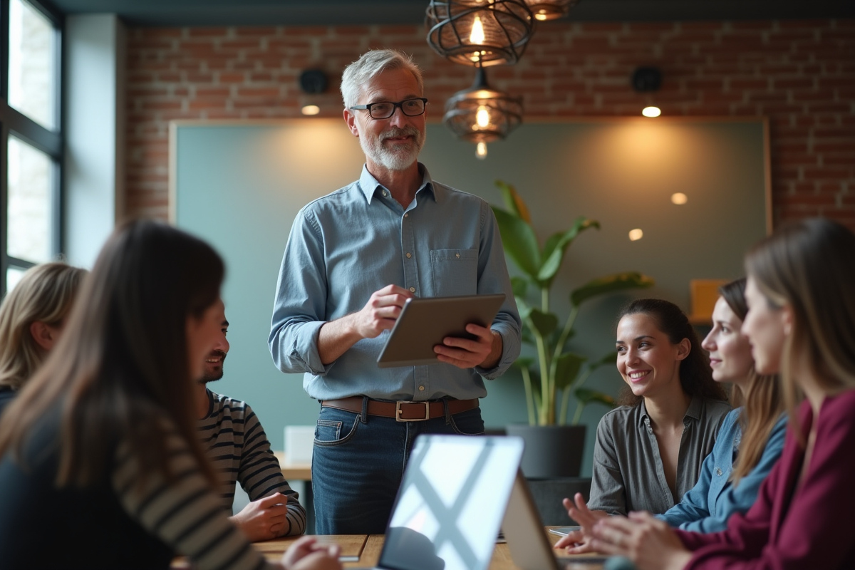Homme menant un atelier digital avec un groupe de jeunes adultes