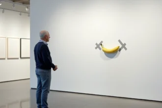 Homme d'âge moyen devant une œuvre de banane dans une galerie minimaliste