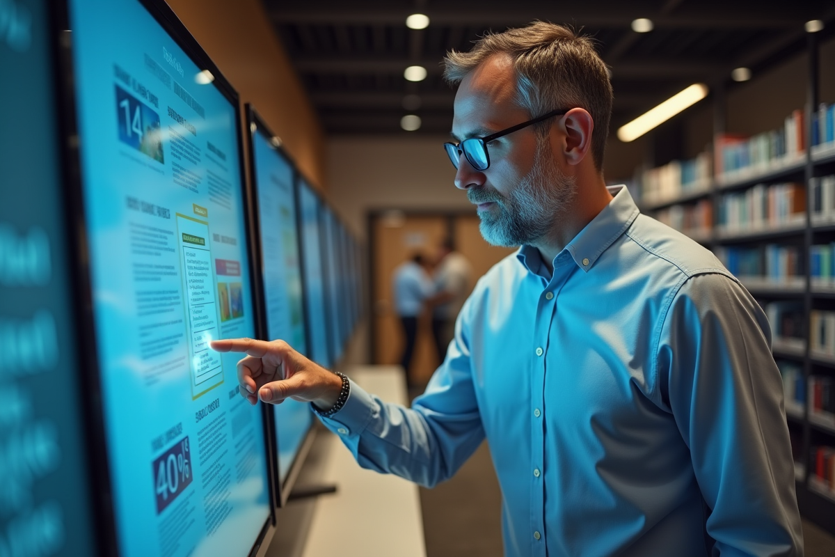 Homme lisant un ordinateur tactile dans une bibliothèque moderne
