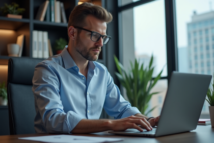 Homme d'affaires au bureau travaillant sur un ordinateur