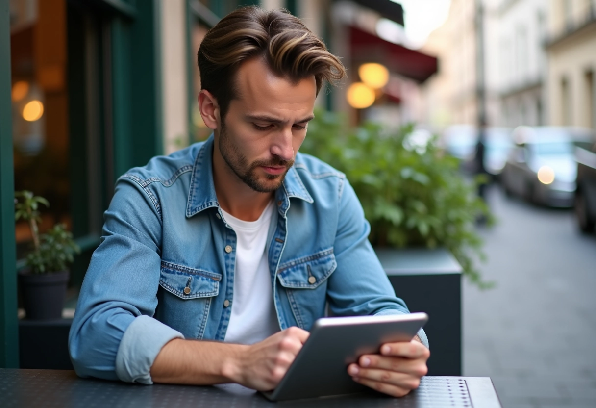Homme jeune lisant des avis sur une tablette au café