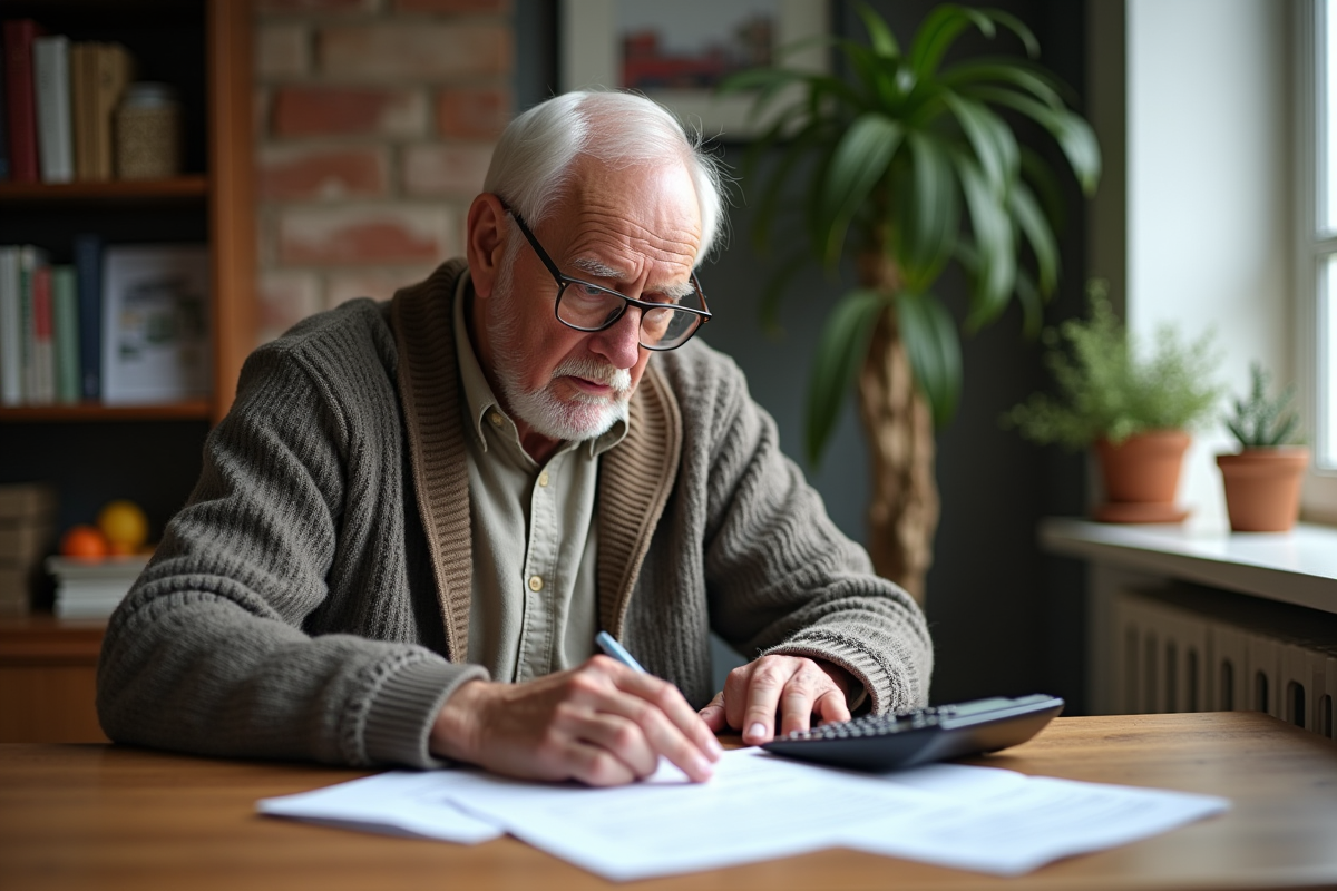 Homme âgé calcule les taux hypothécaires avec un calculateur vintage