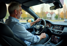 Homme d'âge moyen dans une voiture moderne observant la route