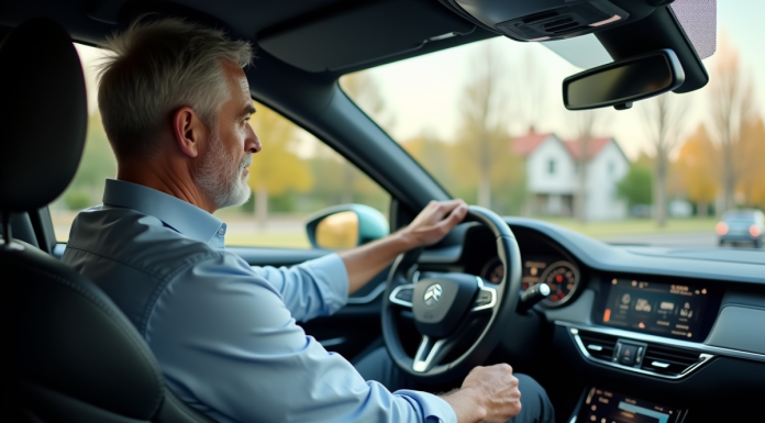 Homme d'âge moyen dans une voiture moderne observant la route