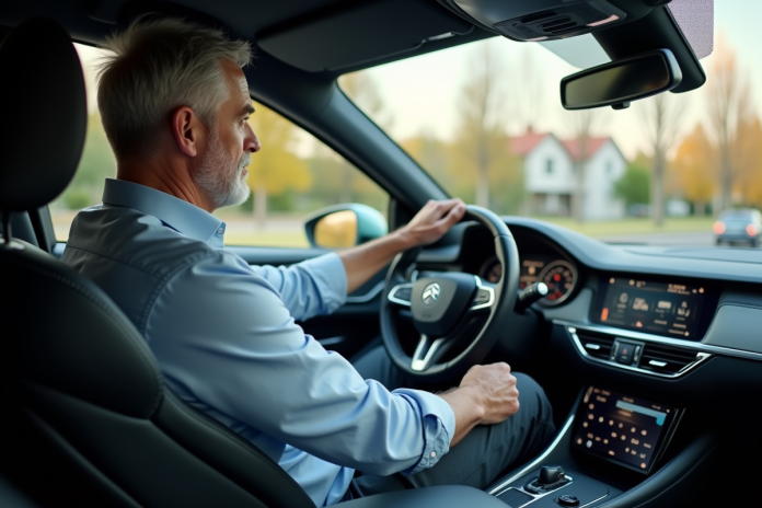 homme-confort-voiture-modernes Homme d'âge moyen dans une voiture moderne observant la route
