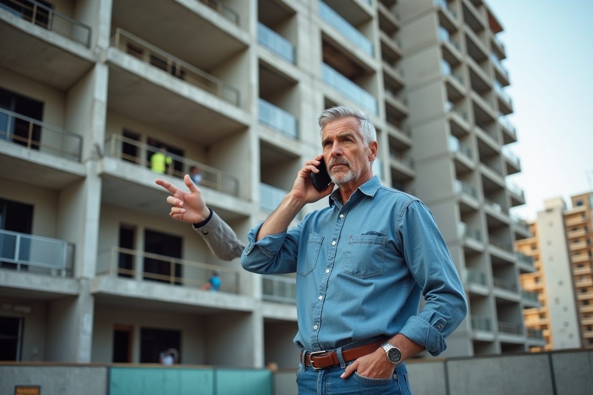 Homme en jeans pointant un chantier de construction urbain