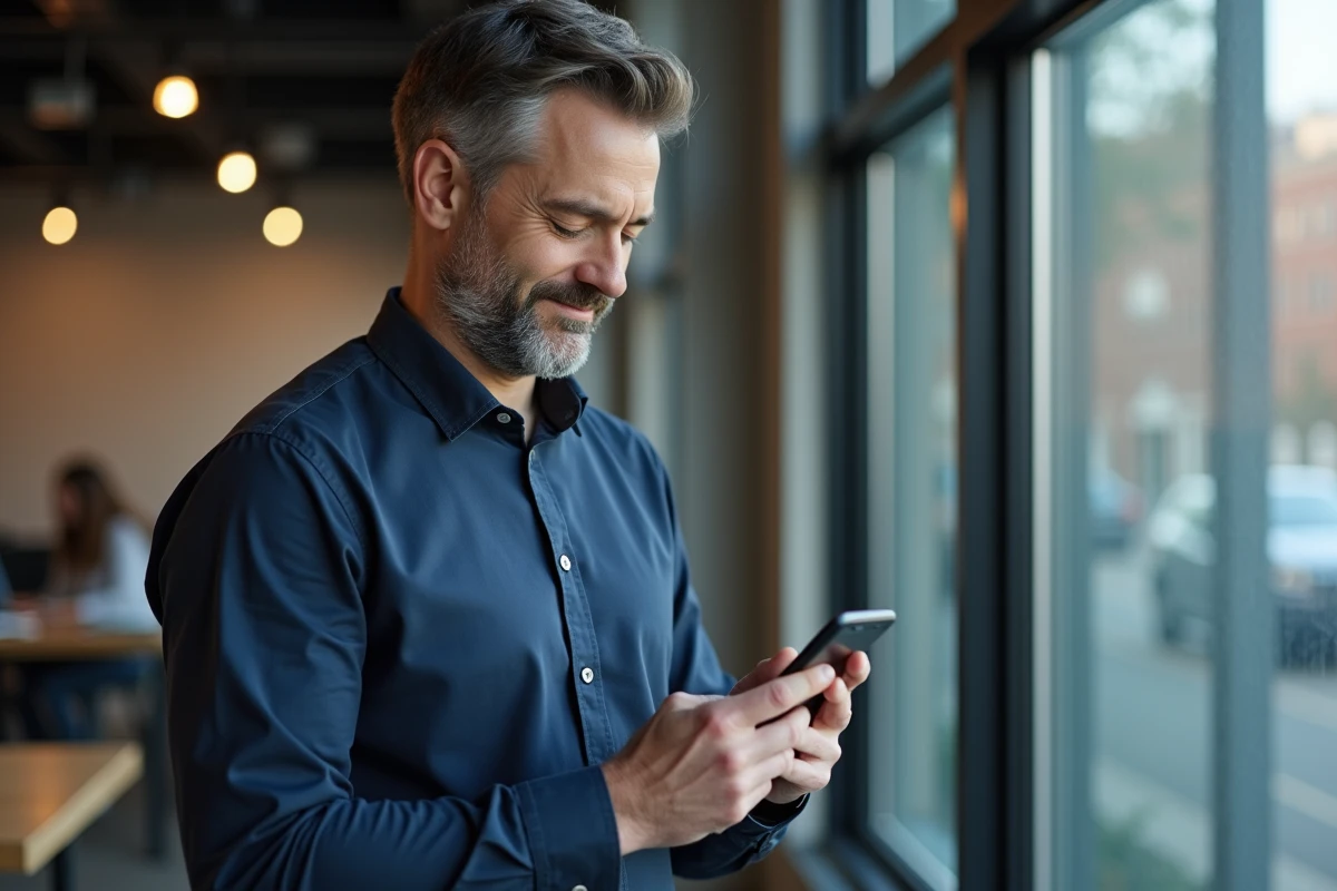 Homme en espace de coworking utilisant une application mobile pour rechercher un numéro de téléphone portable de façon légale et privée