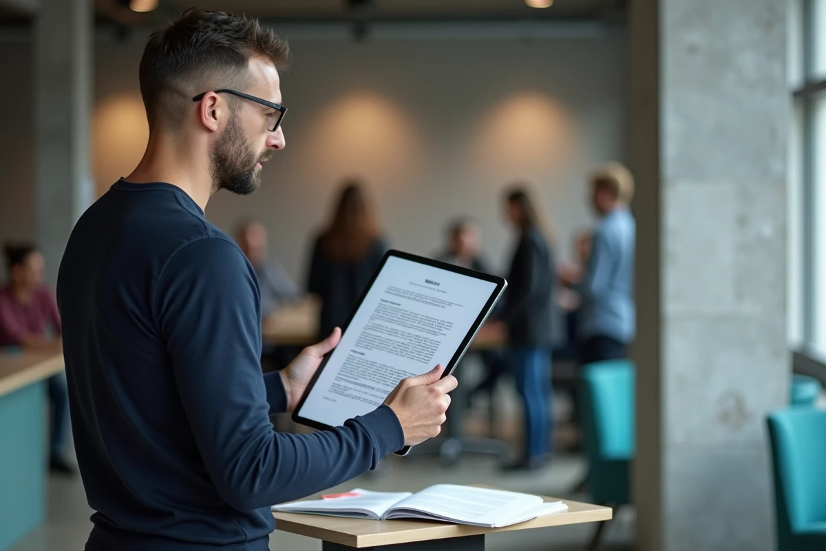 Homme dans un espace de coworking analysant un document contenant du texte Lorem Ipsum fictif
