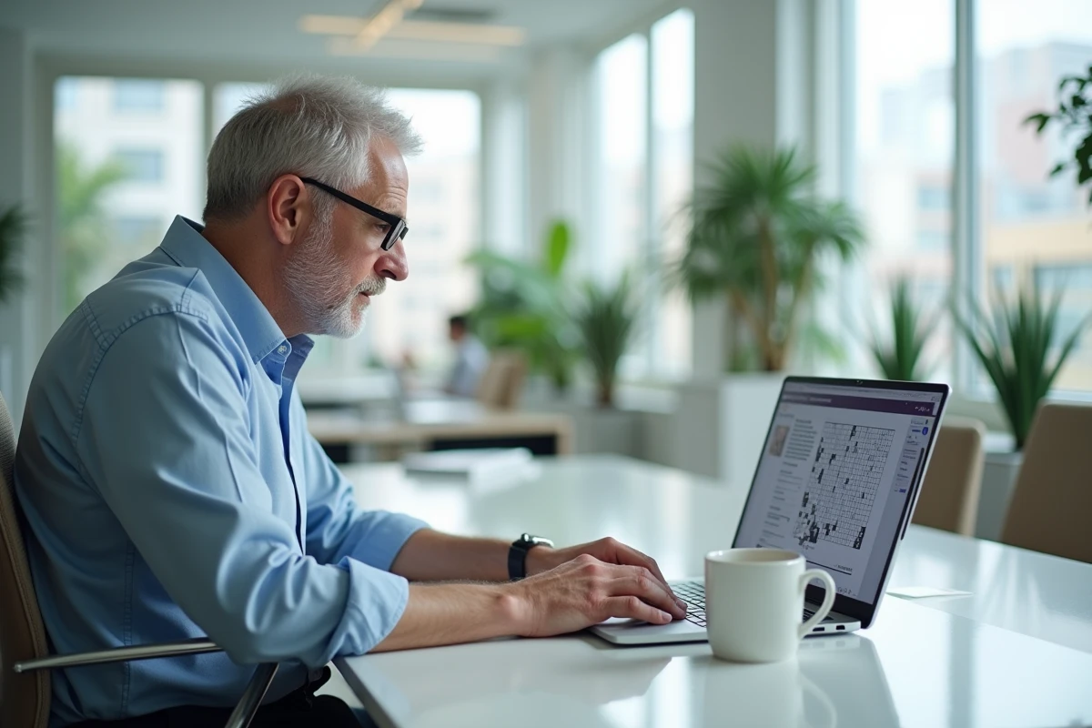 Homme créant une grille de mots croisés sur un ordinateur portable dans un espace de travail moderne avec vue urbaine