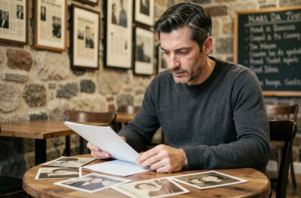 Homme examinant des documents familiaux et des photographies sépia sur une table en bois dans un café culturel, explorant ses origines et son identité