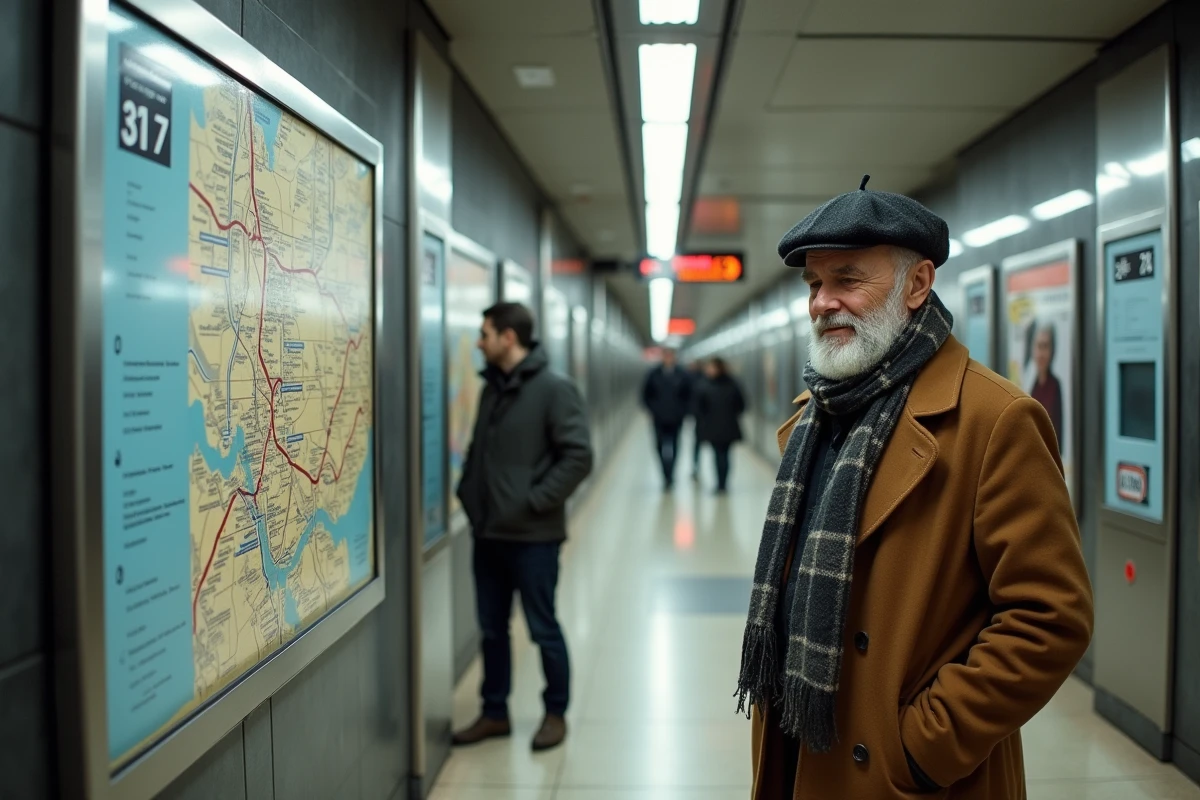 Homme âgé étudiant la carte du metro dans la station