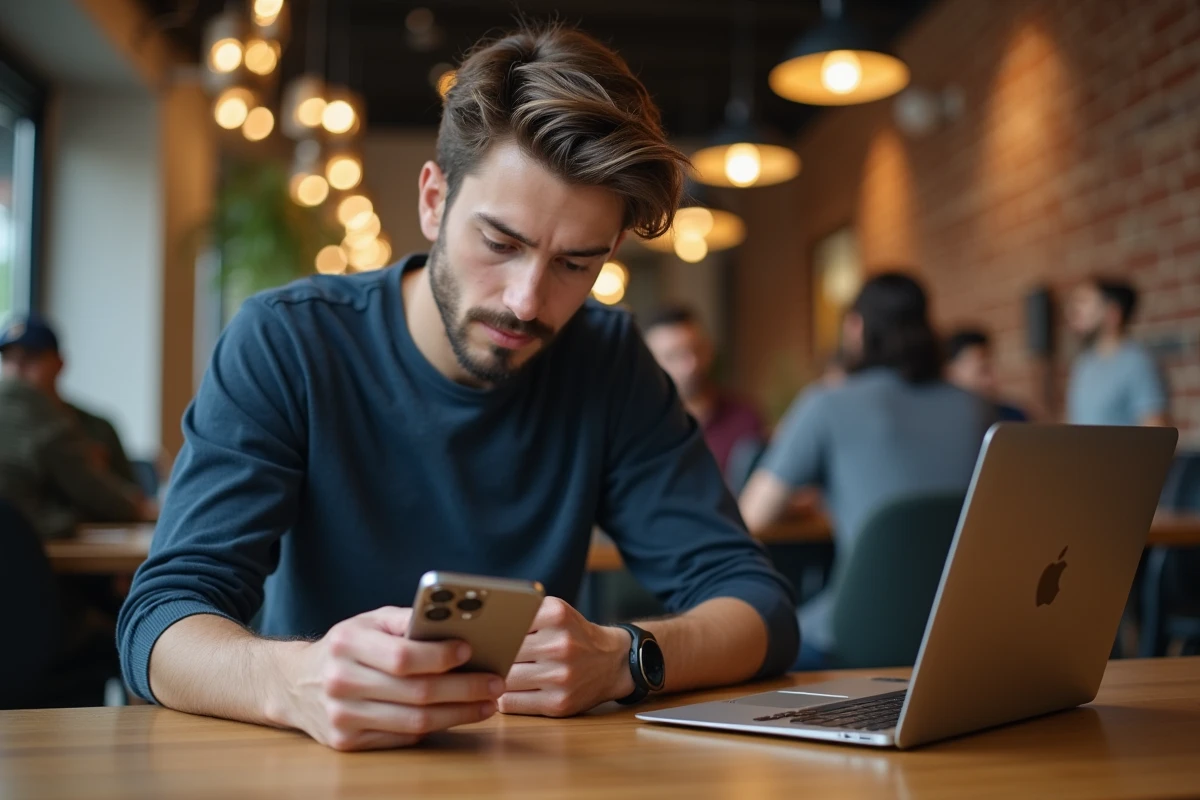 Homme consultant les prix de l'iPhone 14 sur son téléphone dans un café, comparaison de promotions en 2026