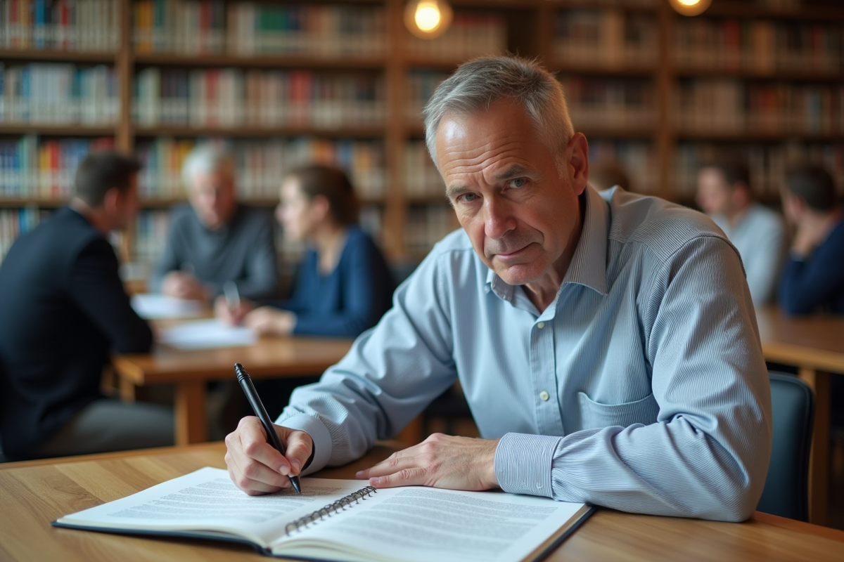 Homme étudiant en bibliothèque prenant des notes sur recherche