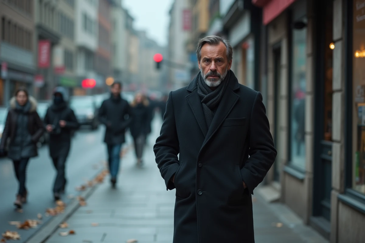 Homme seul dans une rue urbaine avec une expression méfiante, illustrant la peur des autres et le manque de confiance