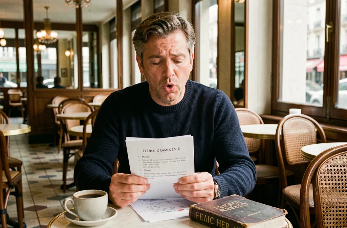 Homme mémorisant une règle de grammaire française avec une fiche dans un café parisien