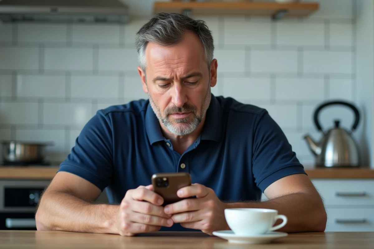 Homme recherchant des messages supprimés sur l'application mobile Le Bon Coin depuis sa cuisine