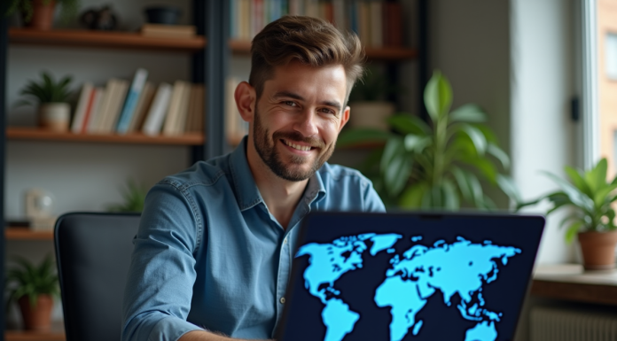 Homme détendu utilisant un ordinateur avec VPN dans un appartement