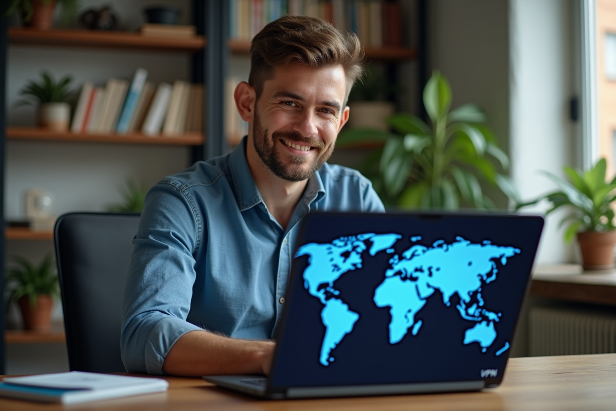 Homme détendu utilisant un ordinateur avec VPN dans un appartement