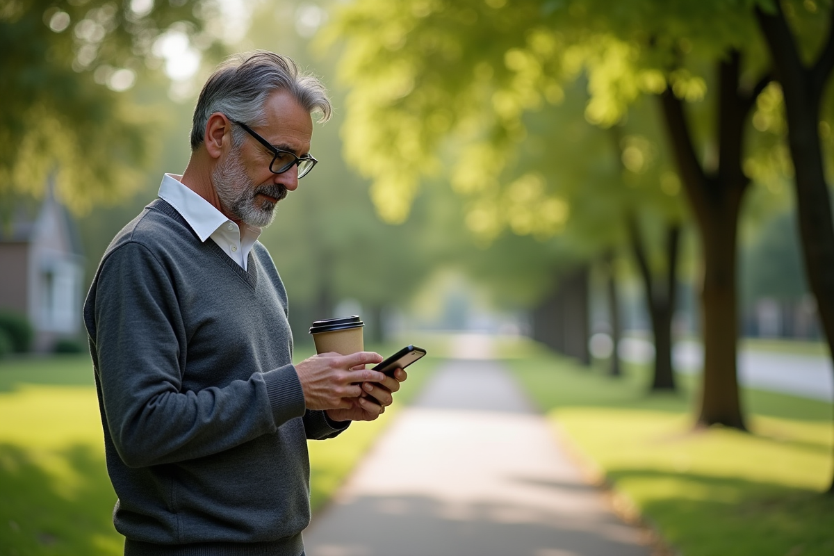 Homme dans un parc lisant son smartphone