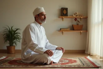 Homme musulman en prière sur un tapis de prière à la maison, illustrant la pratique de la prière du witr