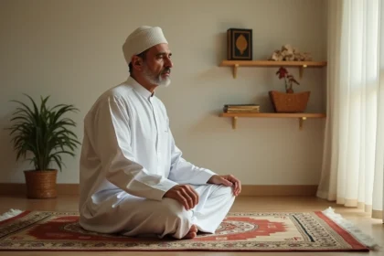 Homme musulman en prière sur un tapis de prière à la maison, illustrant la pratique de la prière du witr