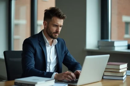 Homme professionnel en bureau moderne avec ordinateur portable