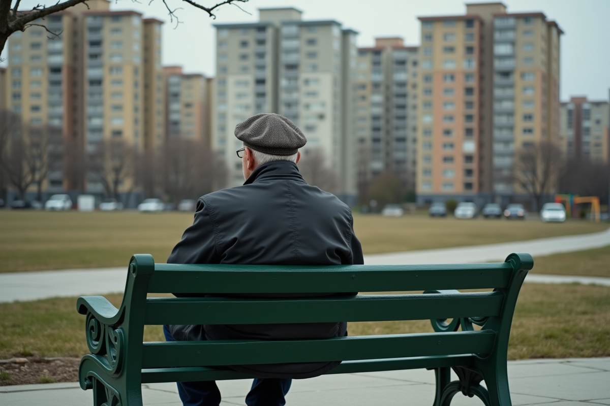 Homme âgé assis sur un banc dans un quartier résidentiel