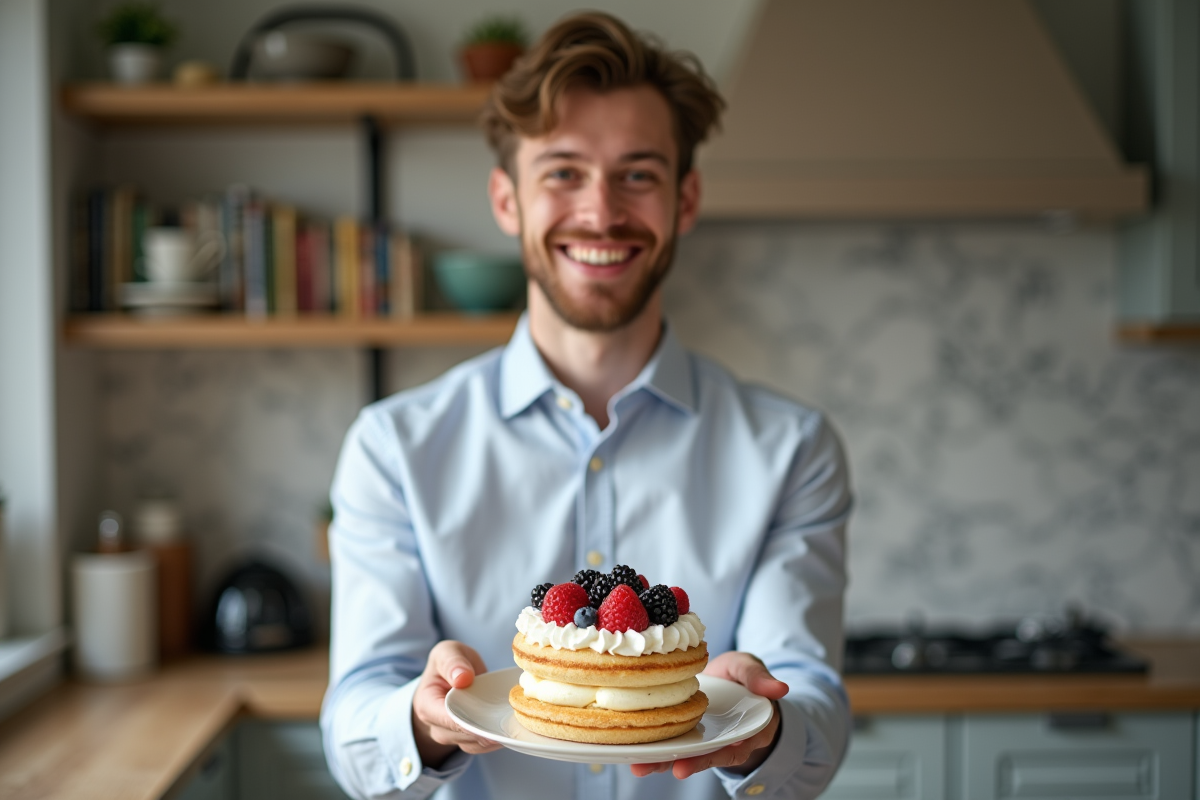 Jeune homme souriant présentant un gâteau aux fruits