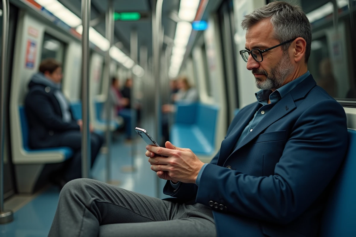 Homme en costume consultant le plan du métro Toulouse sur smartphone dans une rame en mouvement