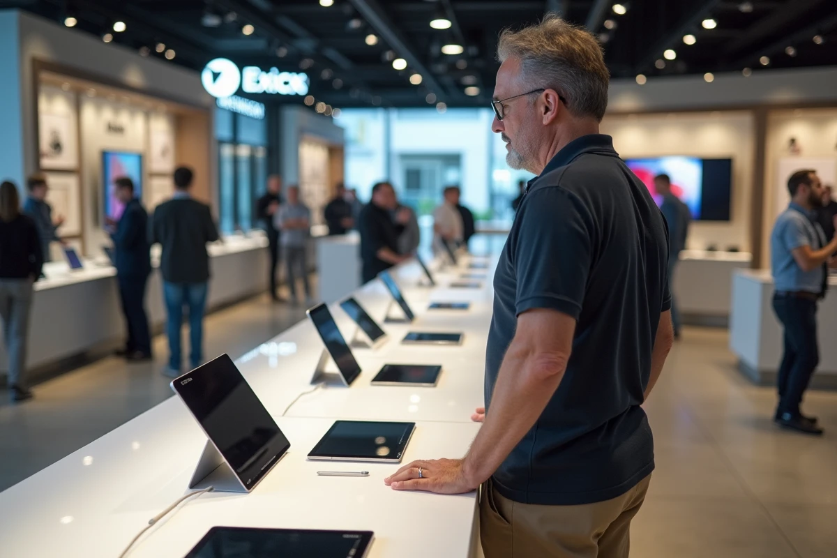 Homme examine des tablettes dans un magasin d