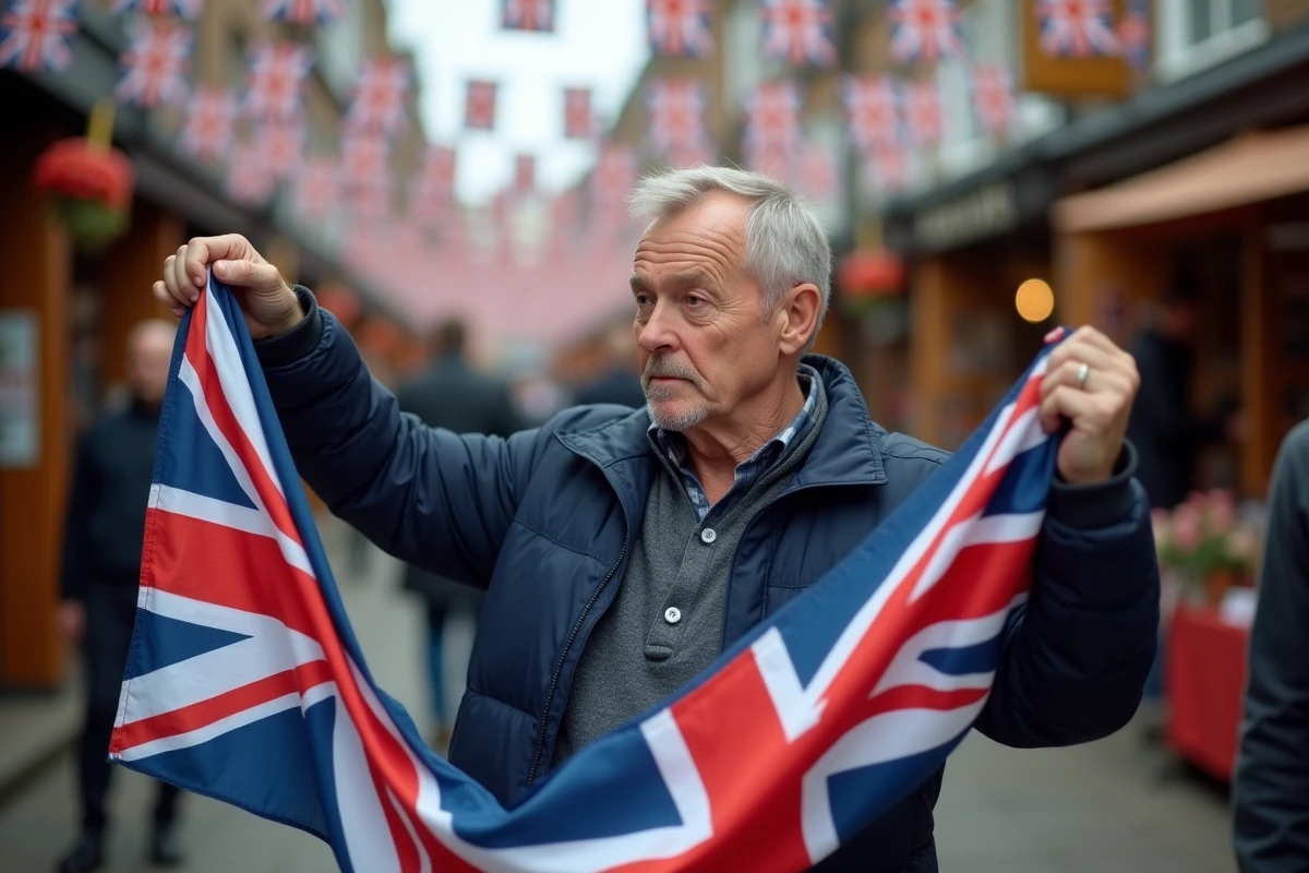 Homme tenant un drapeau britannique Union Jack dans un marché de rue anglais