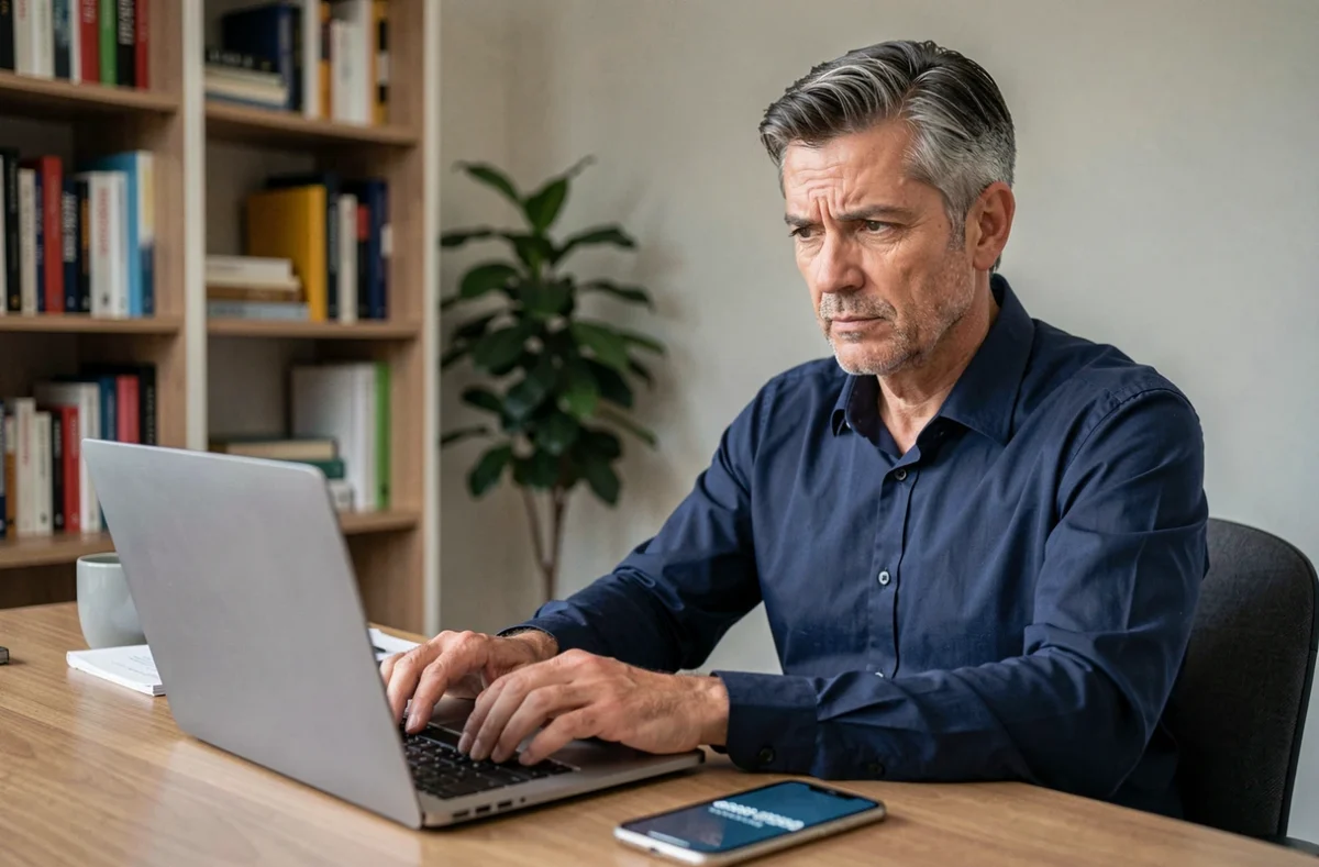 Homme en télétravail vérifiant un numéro de téléphone inconnu sur son ordinateur et son smartphone