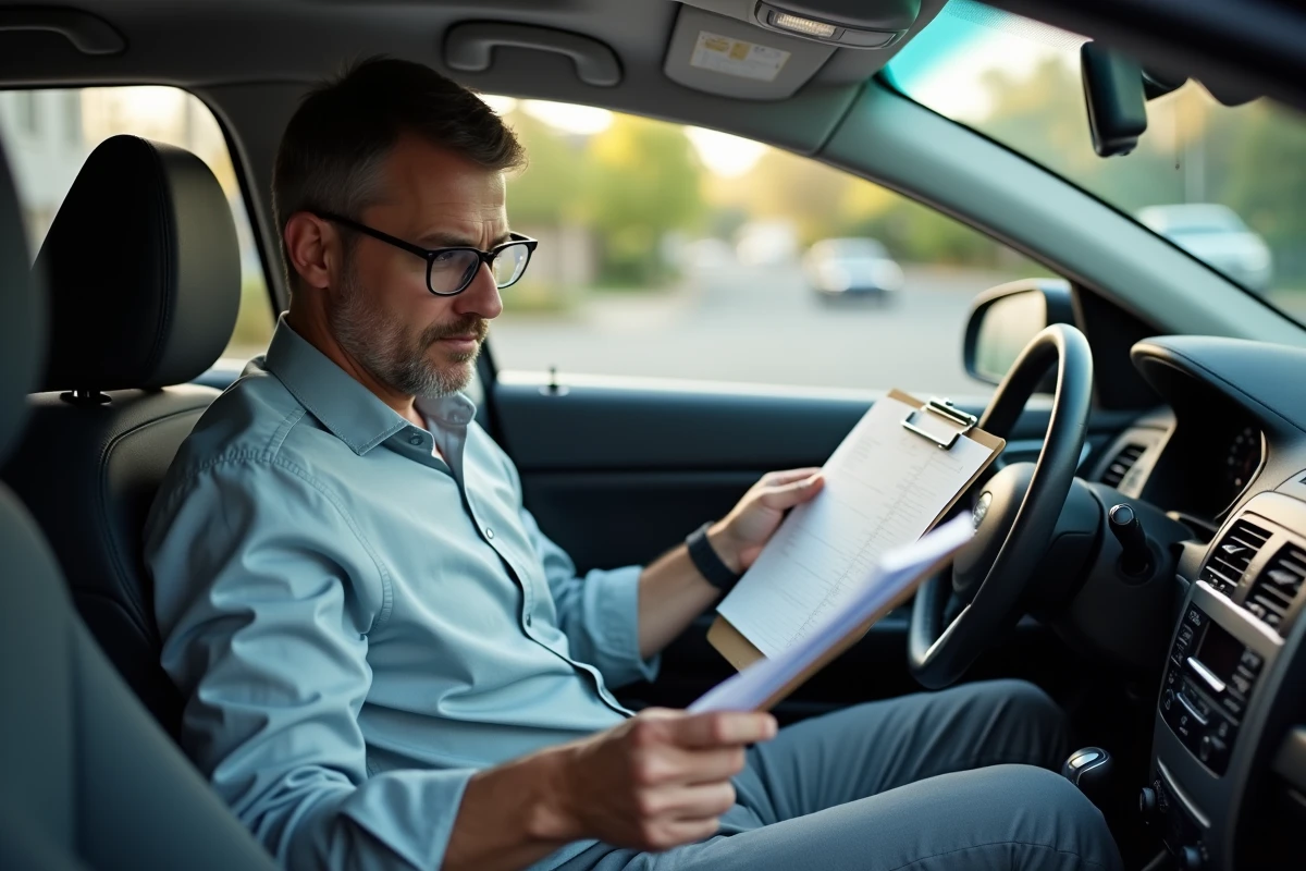 Homme en voiture vérifiant ses formulaires de frais