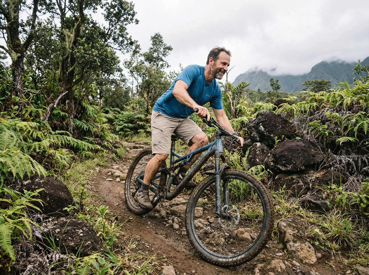 Homme en VTT sur sentier forestier à La Possession