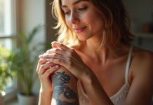 Jeune femme hydrate sa peau tatouée au soleil