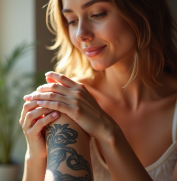 Jeune femme hydrate sa peau tatouée au soleil