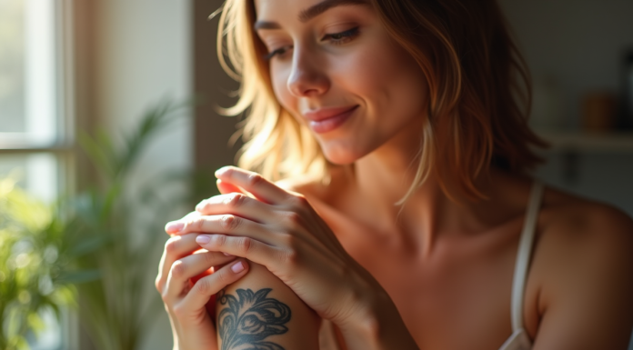 Jeune femme hydrate sa peau tatouée au soleil